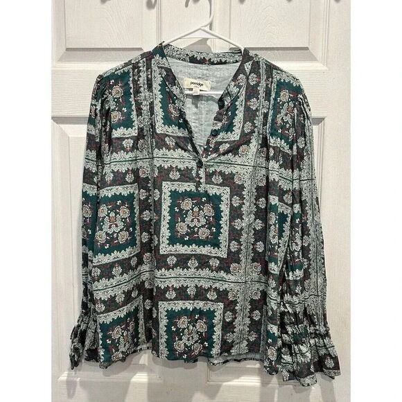 Anthropologie Porridge Women’s Blouse Sz M Boho Green Floral Pintuck Puff Sleeve - Picture 1 of 9